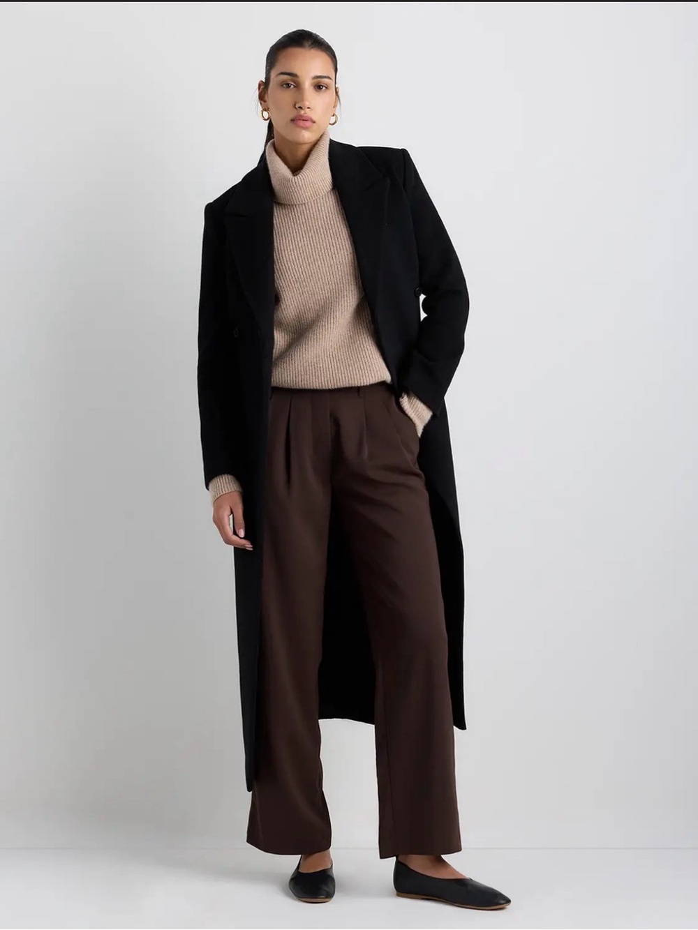 Quince Wool Cashmere Tailored Long Coat Black Large NWT